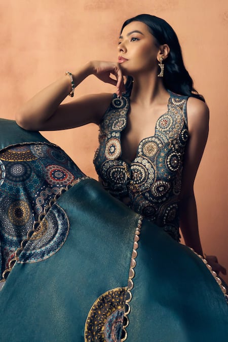 Label Moni K_Teal Crepe, Tissue Embroidery, Beads, Chakra Scallop Waistcoat With Lehenga _Online_at_Aza_Fashions