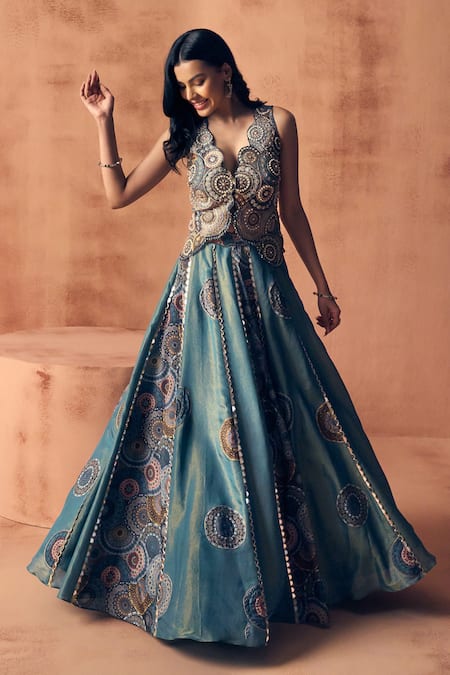 Buy_Label Moni K_Teal Crepe, Tissue Embroidery, Beads, Chakra Scallop Waistcoat With Lehenga _Online_at_Aza_Fashions