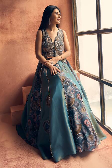 Shop_Label Moni K_Teal Crepe, Tissue Embroidery, Beads, Chakra Scallop Waistcoat With Lehenga _Online_at_Aza_Fashions