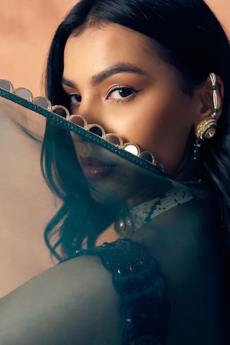 Buy_Label Moni K_Teal Tissue, Crepe, Organza Embroidery, Zari, Chakra Scallop Lehenga Set _Online_at_Aza_Fashions