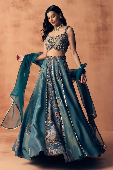 Shop_Label Moni K_Teal Tissue, Crepe, Organza Embroidery, Zari, Chakra Scallop Lehenga Set _Online_at_Aza_Fashions