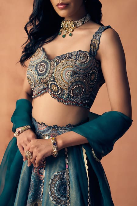 Label Moni K_Teal Tissue, Crepe, Organza Embroidery, Zari, Chakra Scallop Lehenga Set _at_Aza_Fashions