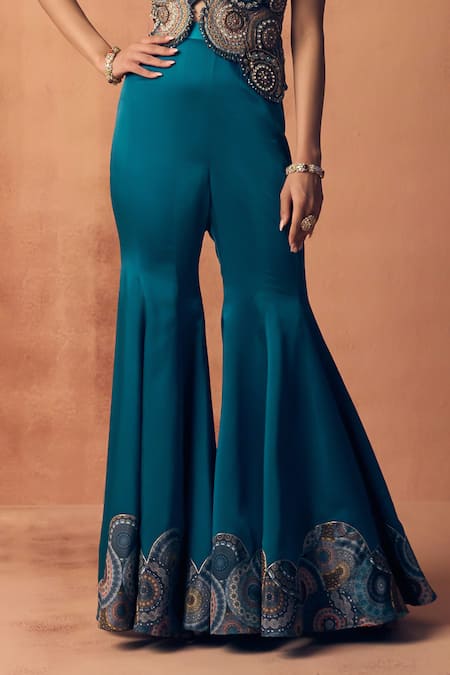 Label Moni K_Teal Crepe, Satin Embroidery, Beads, Zari V-neck Chakra Waistcoat With Sharara _Online_at_Aza_Fashions