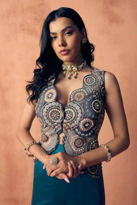 Shop_Label Moni K_Teal Crepe, Satin Embroidery, Beads, Zari V-neck Chakra Waistcoat With Sharara _Online_at_Aza_Fashions