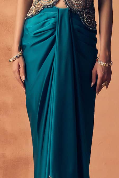 Label Moni K_Gray Crepe, Satin Embroidery, Metallic Chakra Waistcoat With Draped Skirt _Online_at_Aza_Fashions