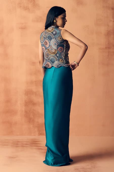 Label Moni K Chakra Embroidered Waistcoat With Draped Skirt 