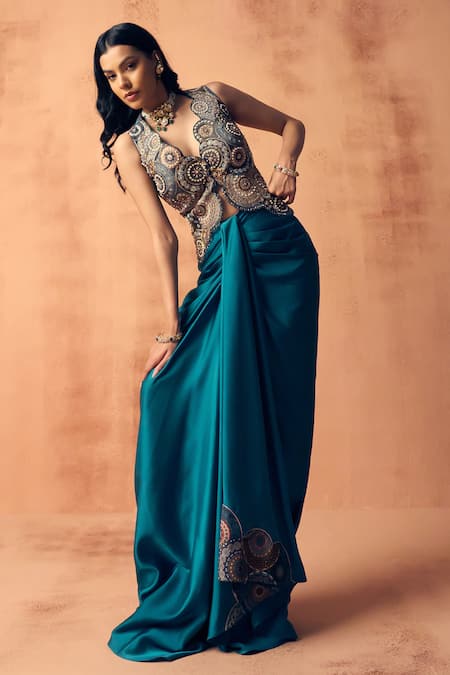 Shop_Label Moni K_Gray Crepe, Satin Embroidery, Metallic Chakra Waistcoat With Draped Skirt _Online_at_Aza_Fashions