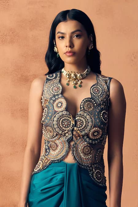 Label Moni K_Gray Crepe, Satin Embroidery, Metallic Chakra Waistcoat With Draped Skirt _at_Aza_Fashions