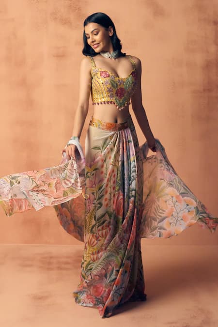 Label Moni K_White Georgette Embroidery, Beads Open Potpourri Almoha Printed Cape Skirt Set _Online_at_Aza_Fashions