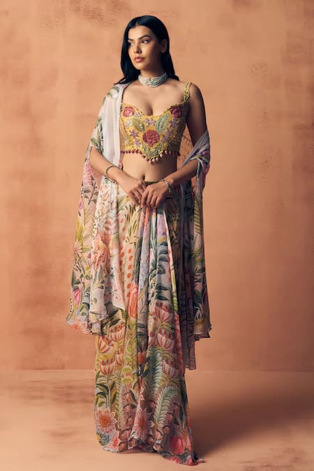 Buy_Label Moni K_White Georgette Embroidery, Beads Open Potpourri Almoha Printed Cape Skirt Set _Online_at_Aza_Fashions