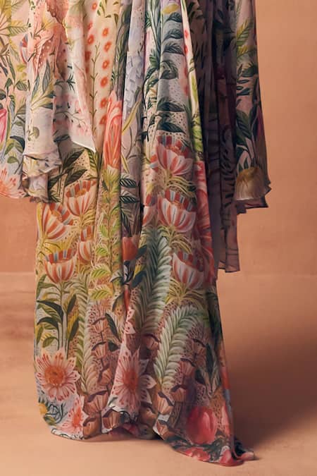 Shop_Label Moni K_White Georgette Embroidery, Beads Open Potpourri Almoha Printed Cape Skirt Set _Online_at_Aza_Fashions