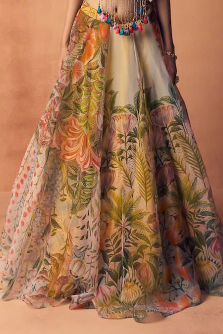 Label Moni K_Yellow Organza Embroidery, Sequins, Potpourri Printed Lehenga With Blouse _Online_at_Aza_Fashions