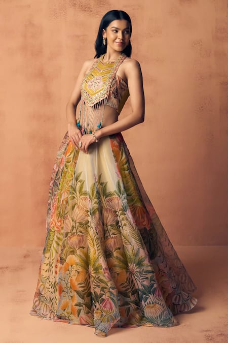 Shop_Label Moni K_Yellow Organza Embroidery, Sequins, Potpourri Printed Lehenga With Blouse _Online_at_Aza_Fashions