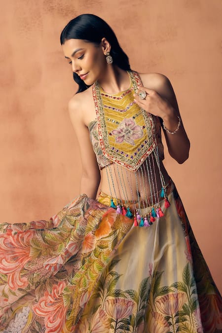 Label Moni K_Yellow Organza Embroidery, Sequins, Potpourri Printed Lehenga With Blouse _at_Aza_Fashions