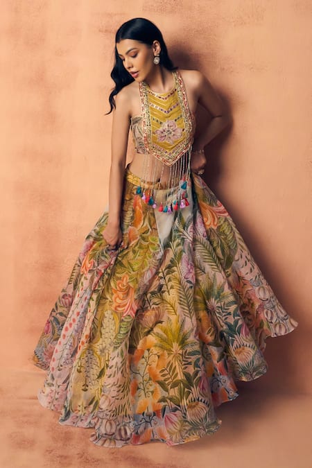 Buy_Label Moni K_Yellow Organza Embroidery, Sequins, Potpourri Printed Lehenga With Blouse 