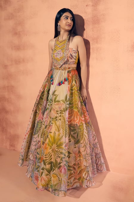 Shop_Label Moni K_Yellow Organza Embroidery, Sequins, Potpourri Printed Lehenga With Blouse 