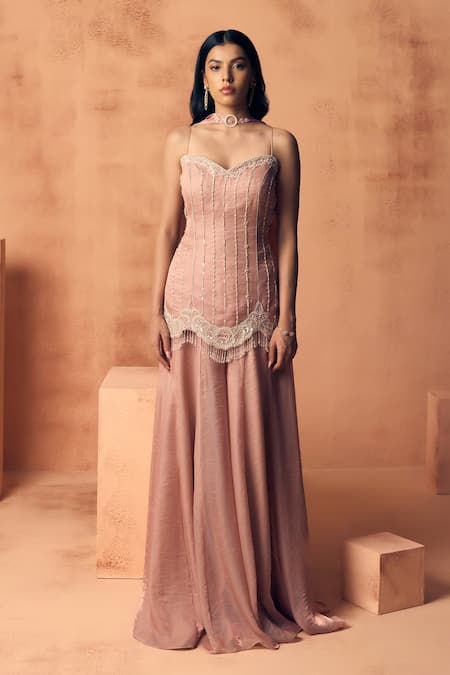 Label Moni K Pink Georgette Embroidery, Beads Sweetheart Neck Shirin Kurta Sharara Set Online at Aza Fashions Label Moni K_Pink Georgette Embroidery, Beads Sweetheart Neck Shirin Kurta Sharara Set _Online_at_Aza_Fashions