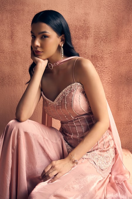 Buy Label Moni K Pink Georgette Embroidery, Beads Sweetheart Neck Shirin Kurta Sharara Set Buy_Label Moni K_Pink Georgette Embroidery, Beads Sweetheart Neck Shirin Kurta Sharara Set