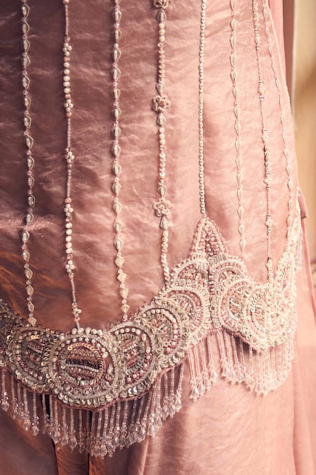 Shop Label Moni K Pink Georgette Embroidery, Beads Sweetheart Neck Shirin Kurta Sharara Set Shop_Label Moni K_Pink Georgette Embroidery, Beads Sweetheart Neck Shirin Kurta Sharara Set