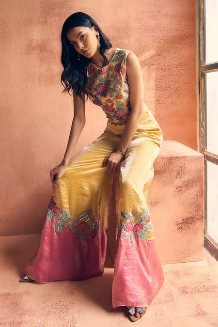 Buy_Label Moni K_Yellow Tissue, Georgette Embroidery, Tassels Jamboore Crop Top With Sharara _Online_at_Aza_Fashions