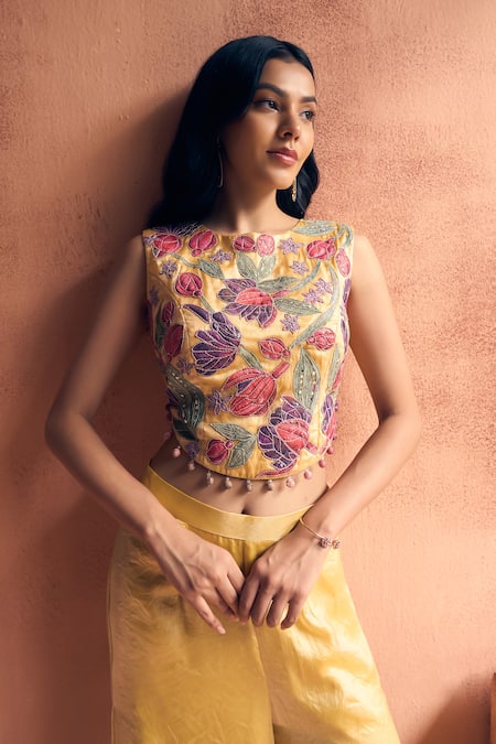 Shop_Label Moni K_Yellow Tissue, Georgette Embroidery, Tassels Jamboore Crop Top With Sharara _Online_at_Aza_Fashions