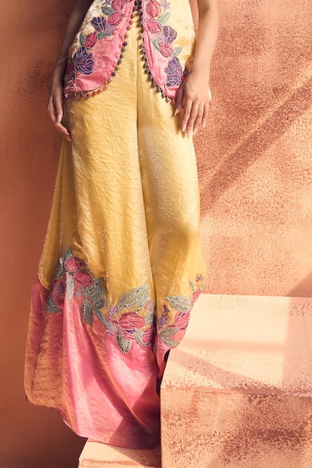 Label Moni K_Yellow Georgette Embroidery, Beads V-neck Bahaara Peplum Top With Flared Pant _Online_at_Aza_Fashions