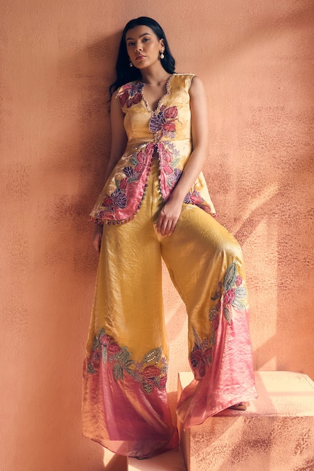 Buy_Label Moni K_Yellow Georgette Embroidery, Beads V-neck Bahaara Peplum Top With Flared Pant _Online_at_Aza_Fashions