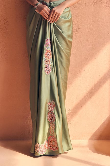 Label Moni K_Olive Green Crepe, Satin Embroidery, Beads Off-shoulder Cape And Skirt Set _Online_at_Aza_Fashions