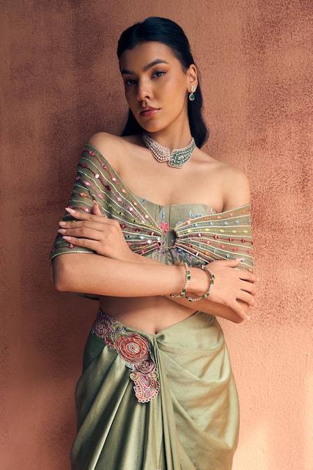 Buy_Label Moni K_Olive Green Crepe, Satin Embroidery, Beads Off-shoulder Cape And Skirt Set _Online_at_Aza_Fashions