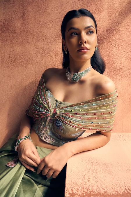 Label Moni K_Olive Green Crepe, Satin Embroidery, Beads Off-shoulder Cape And Skirt Set _at_Aza_Fashions