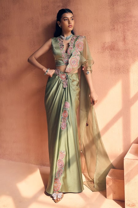 Shop_Label Moni K_Olive Green Satin, Organza Embroidery Paisley Pre-draped Saree With Blouse _Online_at_Aza_Fashions