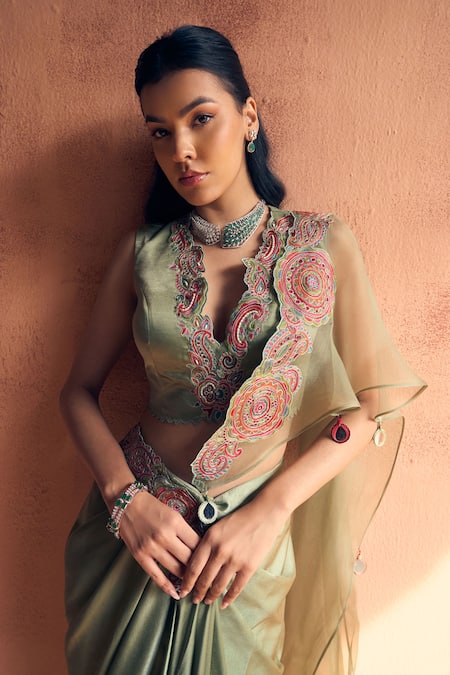 Label Moni K_Olive Green Satin, Organza Embroidery Paisley Pre-draped Saree With Blouse _at_Aza_Fashions