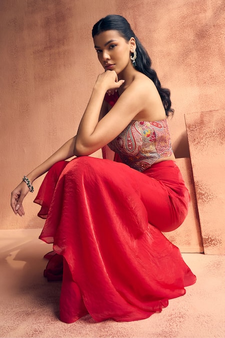 Label Moni K_Pink Tissue, Georgette, Organza Embroidery Afreen Mosaic Corset With Sharara _at_Aza_Fashions