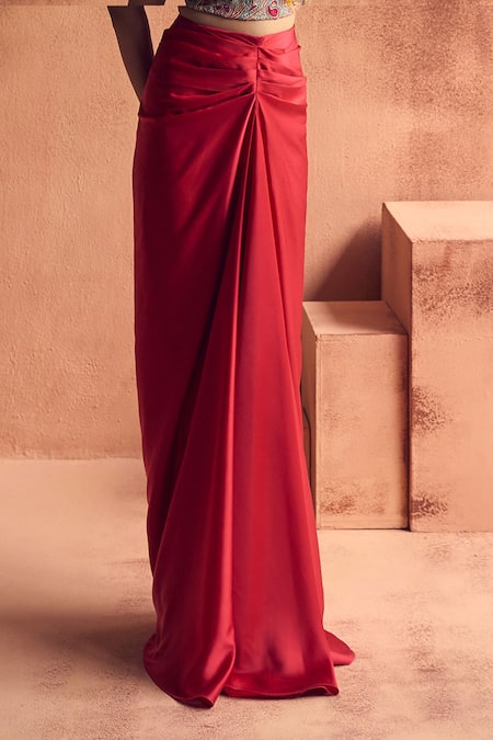 Label Moni K_Pink Organza, Satin Embroidery Bandeau Afreen Mosaic Blouse With Draped Skirt _Online_at_Aza_Fashions