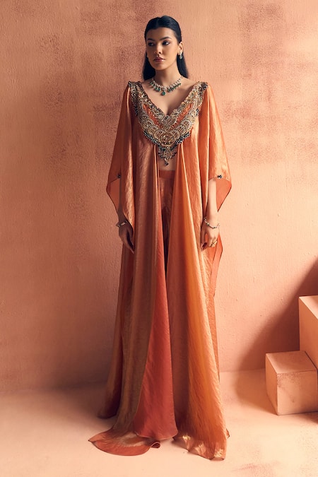 Label Moni K Rust Georgette Embroidery, Beads V-neck Goonj Kaftan With Pant Online at Aza Fashions Label Moni K_Rust Georgette Embroidery, Beads V-neck Goonj Kaftan With Pant _Online_at_Aza_Fashions