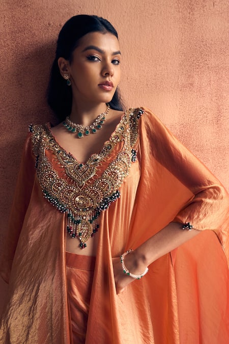 Shop Label Moni K Rust Georgette Embroidery, Beads V-neck Goonj Kaftan With Pant Online at Aza Fashions Shop_Label Moni K_Rust Georgette Embroidery, Beads V-neck Goonj Kaftan With Pant _Online_at_Aza_Fashions