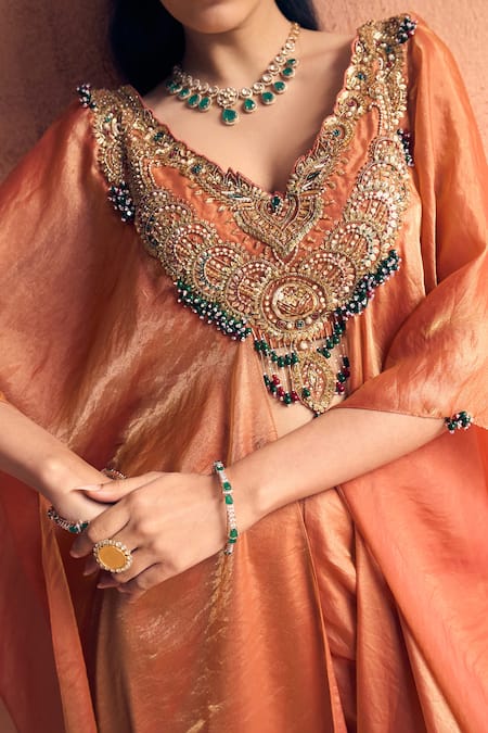 Label Moni K Rust Georgette Embroidery, Beads V-neck Goonj Kaftan With Pant at Aza Fashions Label Moni K_Rust Georgette Embroidery, Beads V-neck Goonj Kaftan With Pant _at_Aza_Fashions