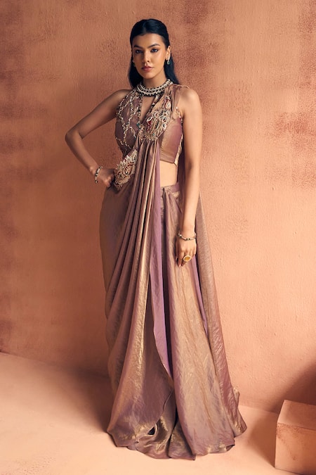 Label Moni K Utsav Embroidered Pre-Draped Sharara Saree Set 