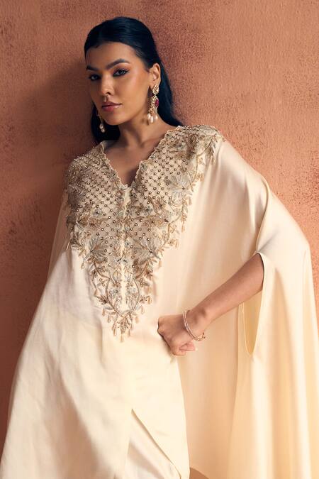 Label Moni K Ivory Satin Embroidery, Beads V-neck Sway Kaftan With Pant at Aza Fashions Label Moni K_Ivory Satin Embroidery, Beads V-neck Sway Kaftan With Pant _at_Aza_Fashions