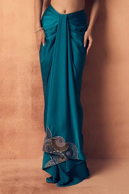 Label Moni K Teal Crepe, Satin Embroidery, Beads, Sequins, Chakra Blouse With Draped Skirt Online at Aza Fashions Label Moni K_Teal Crepe, Satin Embroidery, Beads, Sequins, Chakra Blouse With Draped Skirt _Online_at_Aza_Fashions