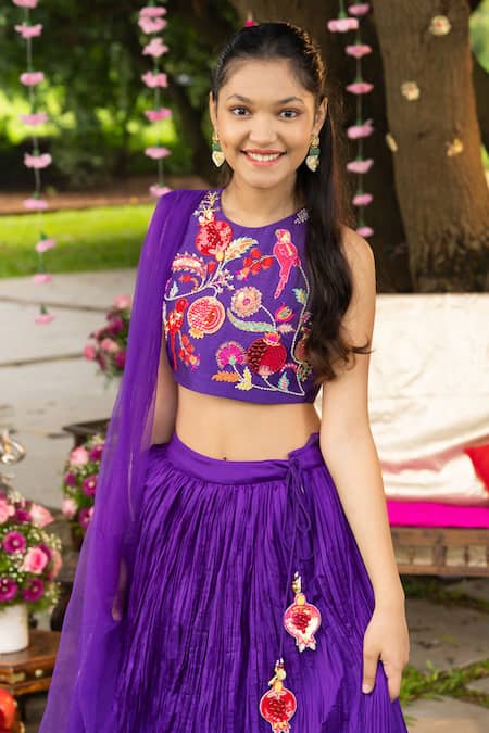 Buy Panchhi By Kanupriya Tibrewala Purple Crinkle Embroidery, Sequins, Beads Anaar Bagh Lehenga Set Online at Aza Fashions Buy_Panchhi By Kanupriya Tibrewala_Purple Crinkle Embroidery, Sequins, Beads Anaar Bagh Lehenga Set _Online_at_Aza_Fashions