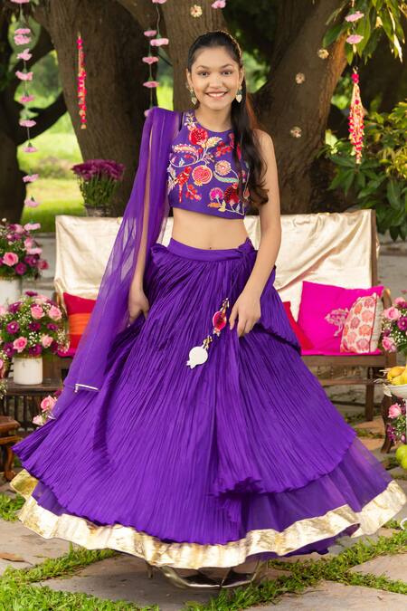 Buy Panchhi By Kanupriya Tibrewala Purple Crinkle Embroidery, Sequins, Beads Anaar Bagh Lehenga Set Buy_Panchhi By Kanupriya Tibrewala_Purple Crinkle Embroidery, Sequins, Beads Anaar Bagh Lehenga Set