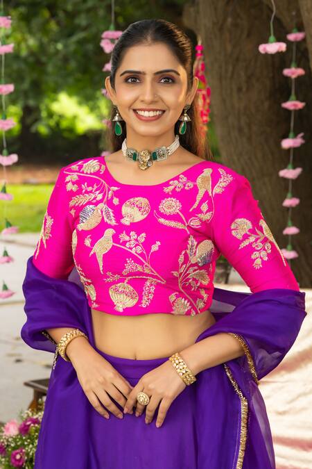 Panchhi By Kanupriya Tibrewala Pink Silk, Crinkle Embroidery, Gota Patti, Tassels Round Rani Bagh Lehenga Set Online at Aza Fashions Panchhi By Kanupriya Tibrewala_Pink Silk, Crinkle Embroidery, Gota Patti, Tassels Round Rani Bagh Lehenga Set _Online_at_Aza_Fashions