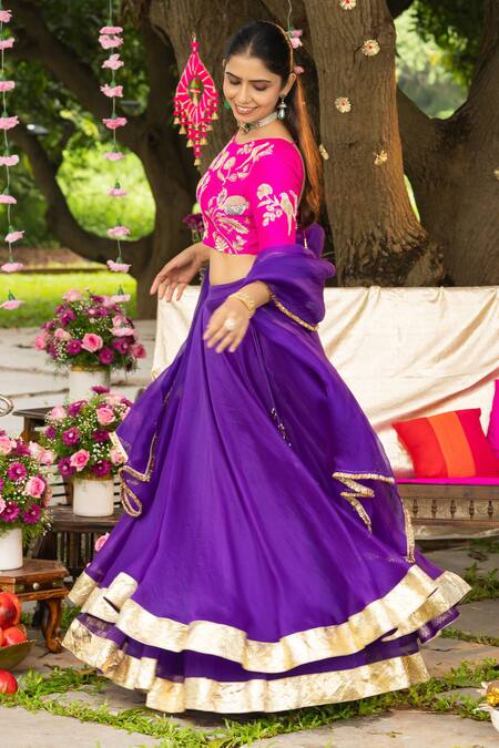 Panchhi By Kanupriya Tibrewala Pink Silk, Crinkle Embroidery, Gota Patti, Tassels Round Rani Bagh Lehenga Set at Aza Fashions Panchhi By Kanupriya Tibrewala_Pink Silk, Crinkle Embroidery, Gota Patti, Tassels Round Rani Bagh Lehenga Set _at_Aza_Fashions