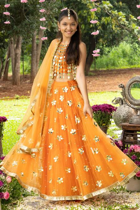 Shop Panchhi By Kanupriya Tibrewala Orange Silk, Net Mirrors, Embroidery, Tassels, Gota Patti, Ek Phool Lehenga Set Online at Aza Fashions Shop_Panchhi By Kanupriya Tibrewala_Orange Silk, Net Mirrors, Embroidery, Tassels, Gota Patti, Ek Phool Lehenga Set _Online_at_Aza_Fashions