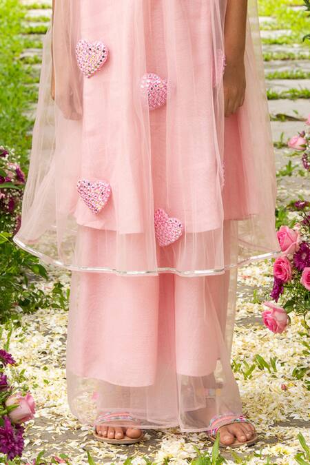 Panchhi By Kanupriya Tibrewala_Pink Satin, Net Mirrors Dil Tunic And Palazzo Set _Online_at_Aza_Fashions