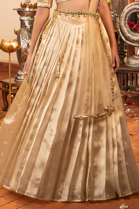 Panchhi By Kanupriya Tibrewala_Gold Silk Stones, Pearls, Embroidery, Gemstones, Gota Gaja Lakshmi Lehenga Set _Online_at_Aza_Fashions
