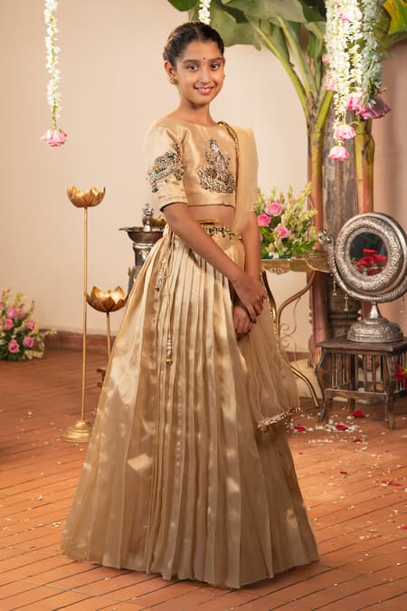 Buy_Panchhi By Kanupriya Tibrewala_Gold Silk Stones, Pearls, Embroidery, Gemstones, Gota Gaja Lakshmi Lehenga Set _Online_at_Aza_Fashions