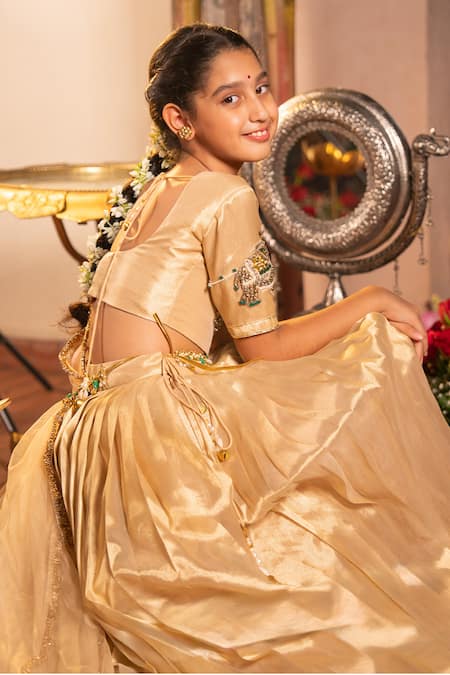 Shop_Panchhi By Kanupriya Tibrewala_Gold Silk Stones, Pearls, Embroidery, Gemstones, Gota Gaja Lakshmi Lehenga Set _Online_at_Aza_Fashions
