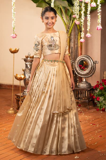 Panchhi By Kanupriya Tibrewala_Gold Silk Stones, Pearls, Embroidery, Gemstones, Gota Gaja Lakshmi Lehenga Set _at_Aza_Fashions